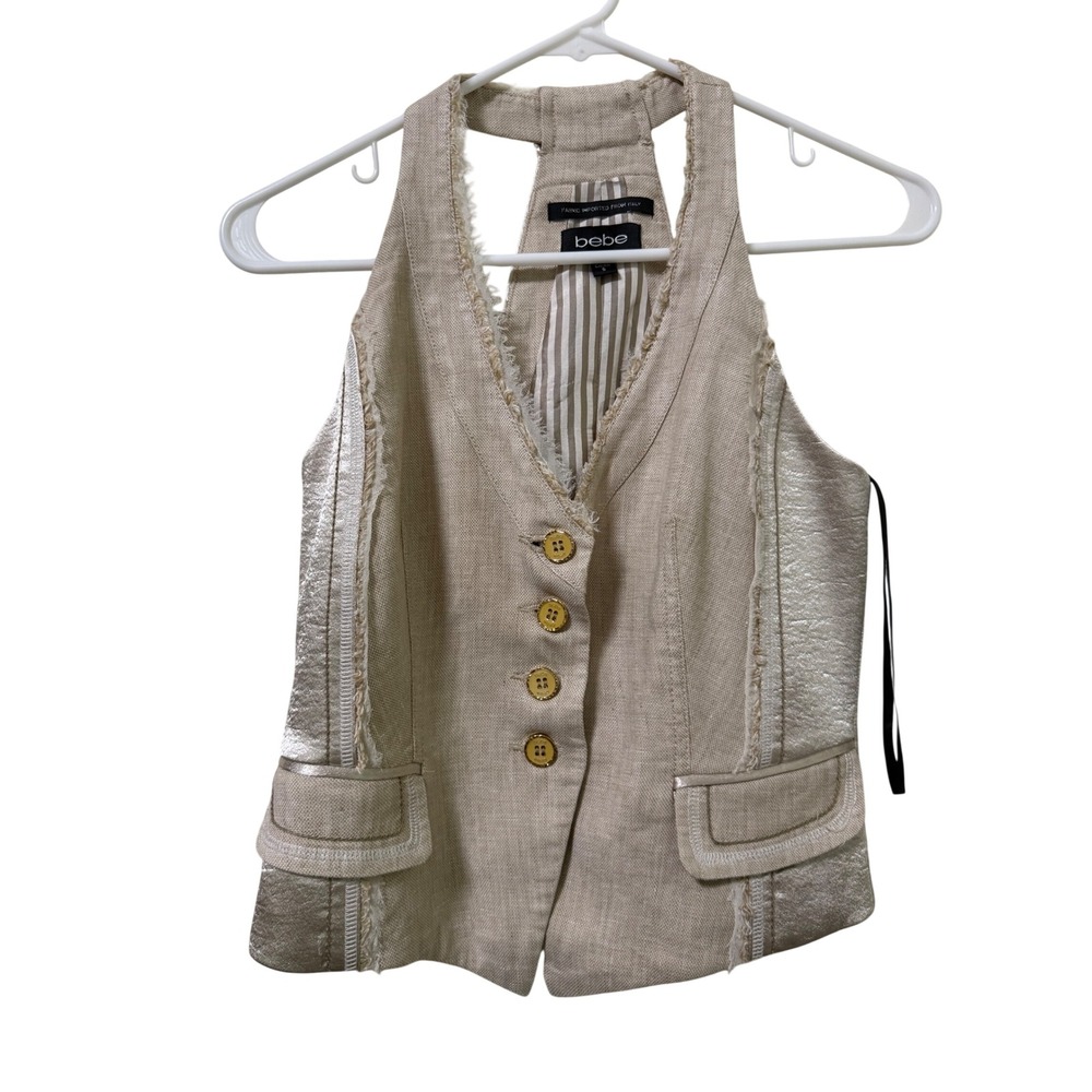Bebe Linen Blend Metallic Halter Vest Raw Edge Fringe Cinch Back Tan Small Y2K